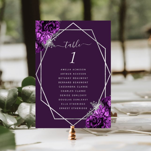 Numeração De Mesa Casamento de Moldura Geométrica Prateada com Flora (Criador carregado)
