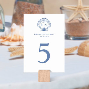 Numeração De Mesa Casamento de Monograma de Seashell Azul Costeiro