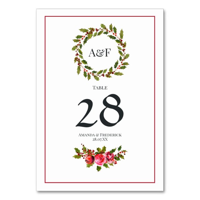 Numeração De Mesa Casamento de Natal Elegante com Azevinho e Hera (Frente)