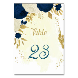 Numeração De Mesa Casamento de ouro com flores azuis e brancas marin