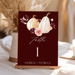 Numeração De Mesa Casamento de outono de Abóbora Burgundy Pumpkin<br><div class="desc">Este número da mesa de núpcias apresenta branco de aquarela e abóboras amarelas adornadas com burgundy,  maroon e flores cor-de-rosa pinceladas sobre as folhas do outono. Para uma personalização mais avançada deste design,  clique no BOTÃO FERRAMENTA DESIGN AZUL acima</div>