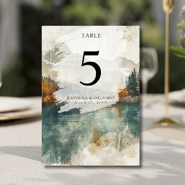 Numeração De Mesa Casamento de Outono no Lago da Montanha em Aquarel