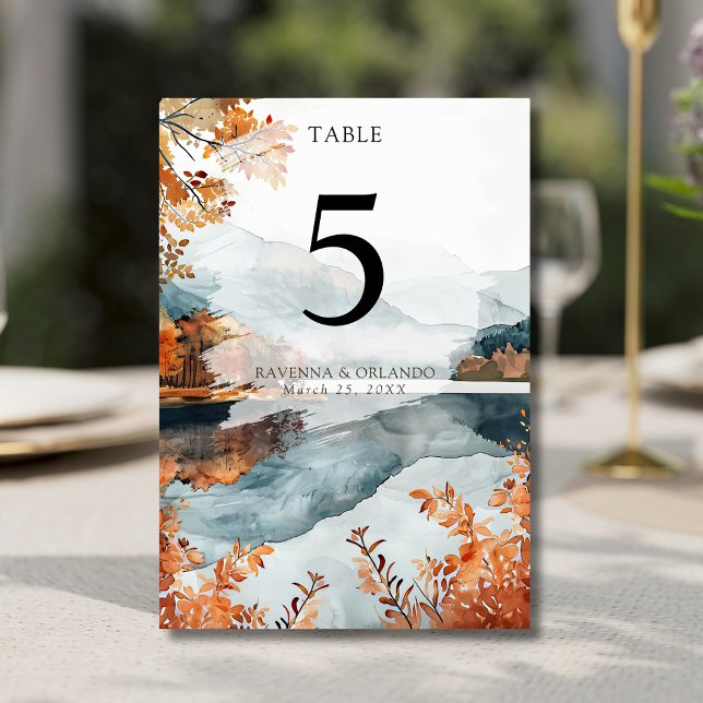 Numeração De Mesa Casamento de Outono Rústico no Lago da Montanha (Criador carregado)