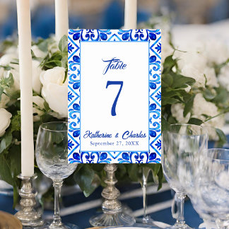 Numeração De Mesa Casamento de Padrão de Azulejo Marroquino Azul e B