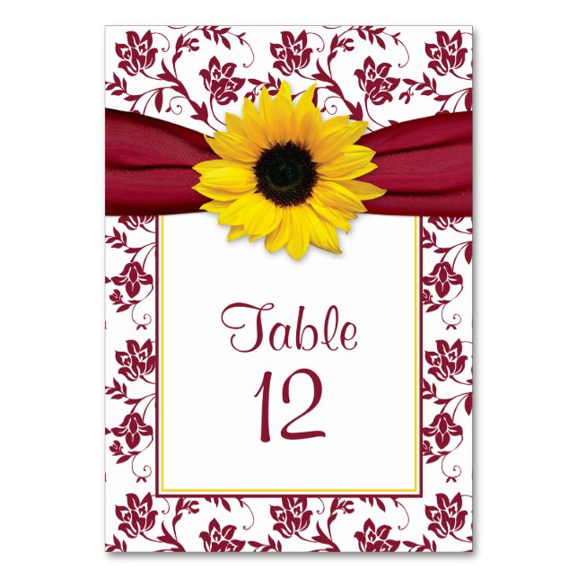 Numeração De Mesa Casamento de Padrão Floral de Sunflower Burgundy (Frente)