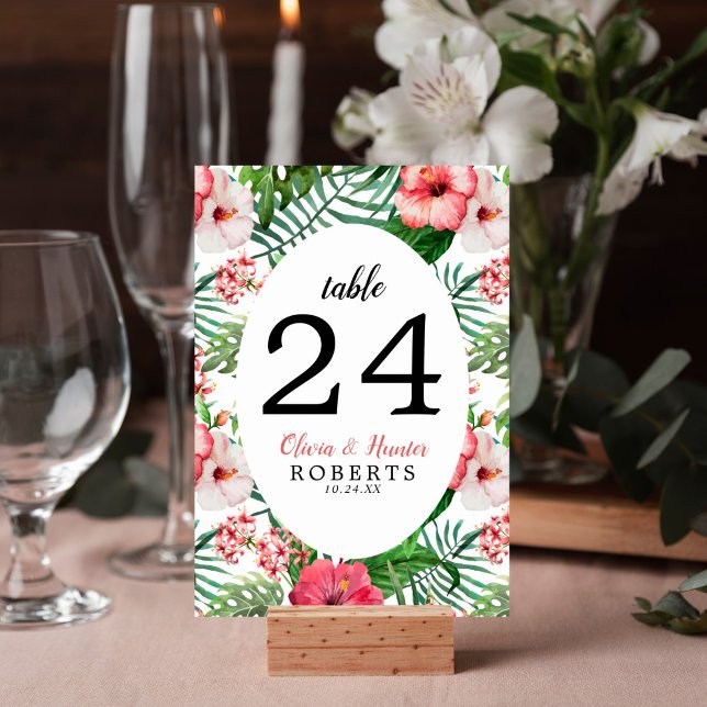 Numeração De Mesa Casamento de Palma Verde - Rosa Tropical - Hibiscu (Tropical floral beach design on this table number card is perfect for your wedding reception decor.)