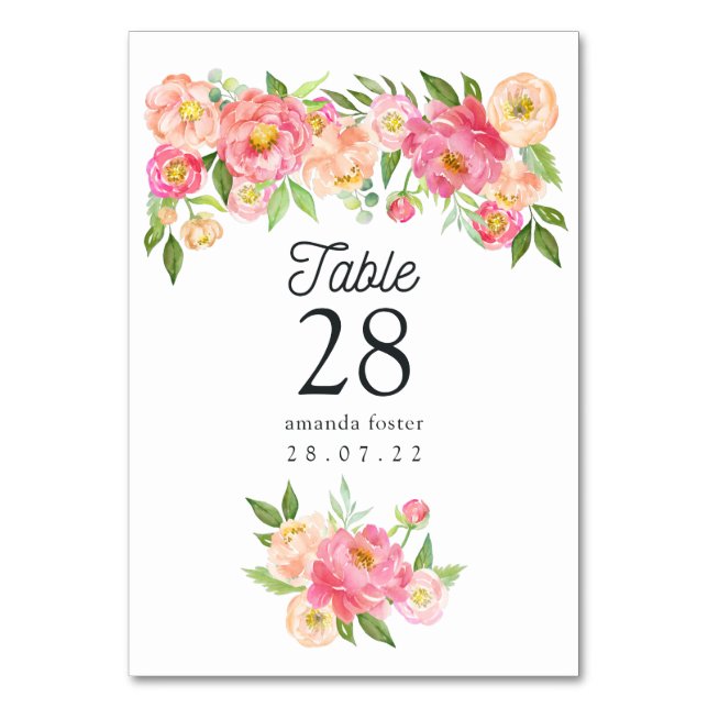 Numeração De Mesa Casamento de Peônias em Aquarela (Frente)