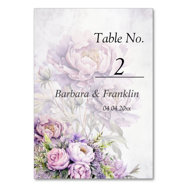 Numeração De Mesa Casamento de Peony de Lavanda de Aquarela (Frente)