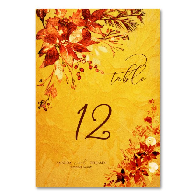 Numeração De Mesa Casamento de Poinsettia Vermelha e Dourada Elegant (Frente)