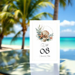 Numeração De Mesa Casamento de Praia Chic Costeira<br><div class="desc">Adicione um toque de elegância à sua recepção com esta carta de número da mesa de casamento "Chic Costeira". Apresentando uma bela disposição de conchas marinhas, estrelas-do-mar e verde, esta design combina perfeitamente o encanto costeiro com sofisticação. Perfeito para casamentos de praia ou de temas tropicais, esta carta ajuda a...</div>