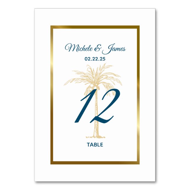 Numeração De Mesa Casamento de Praia de Palm Tree Ouro Azul Tropical (Frente)