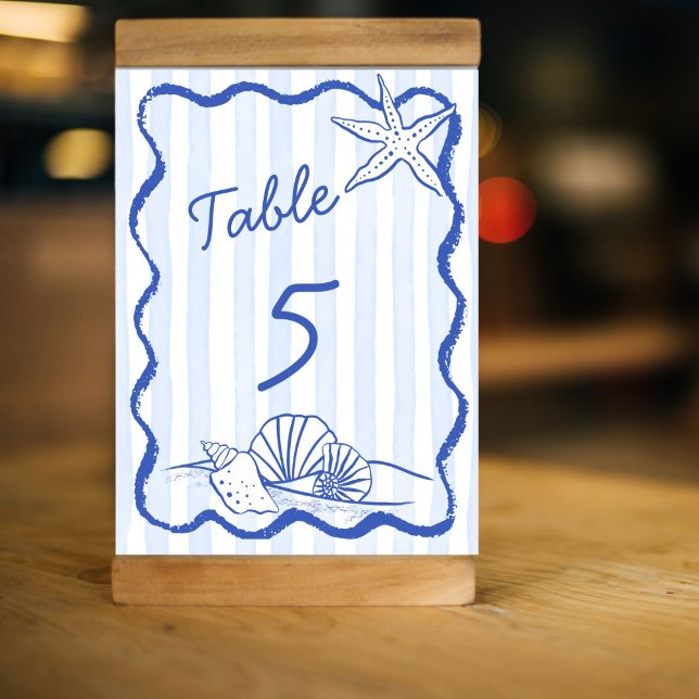 Numeração De Mesa Casamento de praia na orla azul (Seashells handrawn sketch blue wavy border beach wedding table number cards personalized decor)