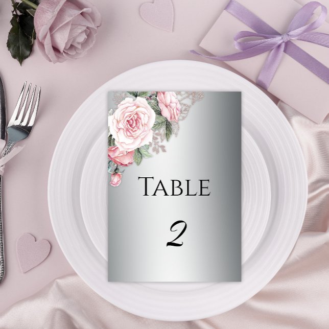 Numeração De Mesa Casamento de Prata Elegante e Rosas Rosa (Criador carregado)