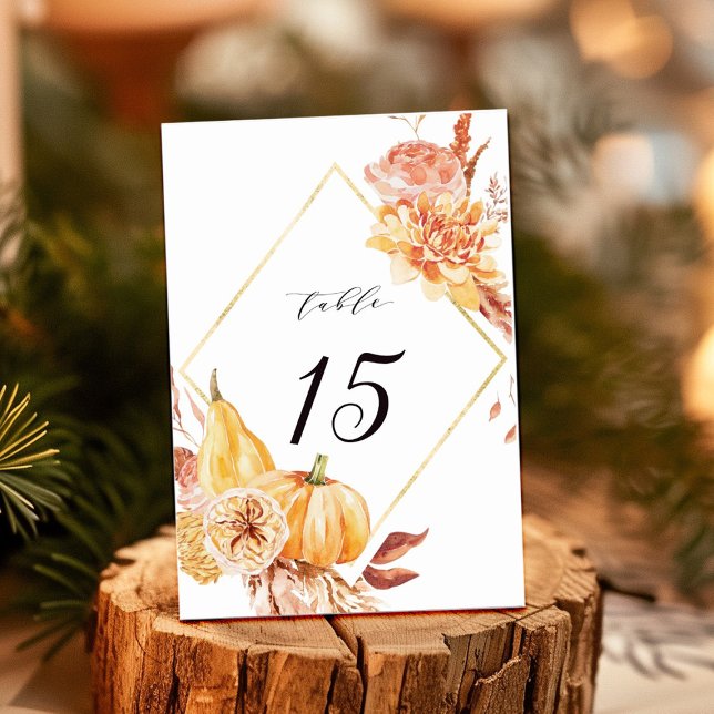 Numeração De Mesa Casamento de Pumpkin Floral Dourado Rústico Queda (Criador carregado)
