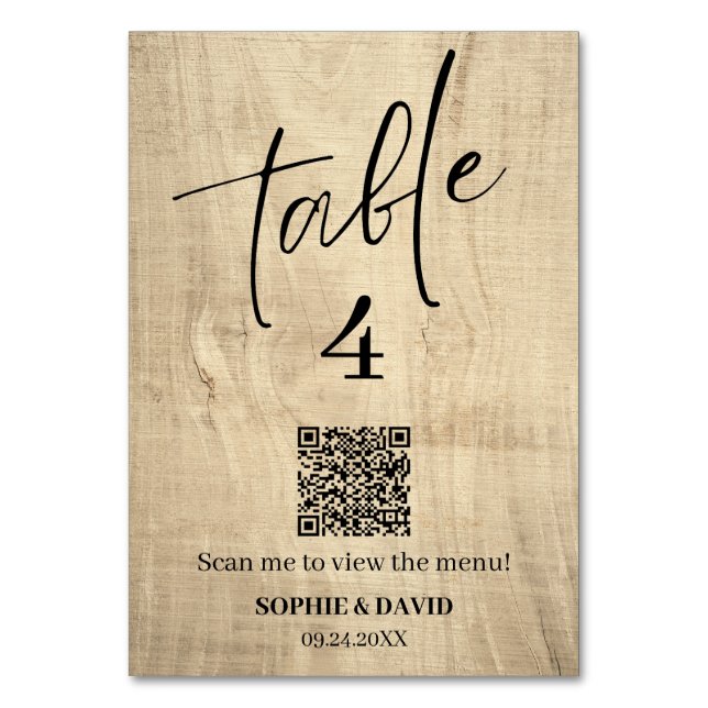 Numeração De Mesa Casamento de QR Personalizado de Madeira Rústica (Frente)