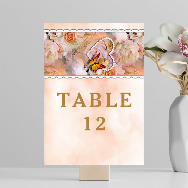Numeração De Mesa Casamento de Rosa de Serenidade Floral Cardíaca de (Butterfly Pearl Heart Floral Serenity Rose Wedding Table Number)