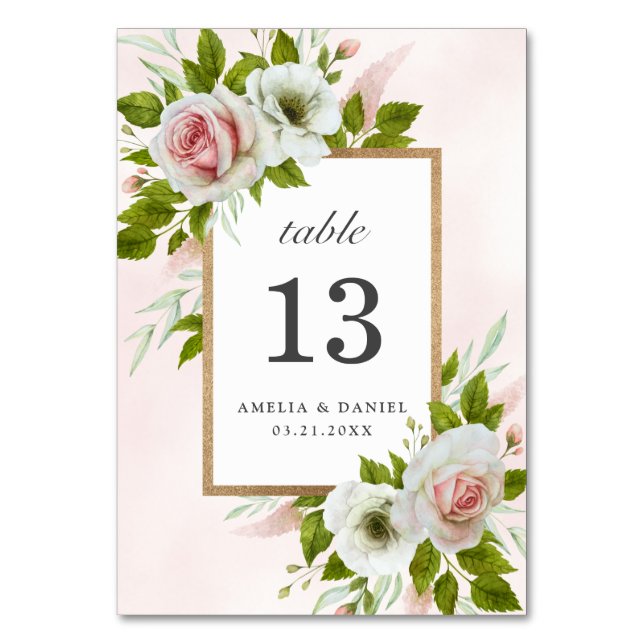 Numeração De Mesa Casamento de Rosas de Aquarela Branca Romântica (Frente)