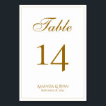 Numeração De Mesa Casamento de Script de Ouro Elegante Moderno<br><div class="desc">Número da Tabela de Casamento de Script Elegante Moderno. O cartão é moderno e elegante,  com uma borda fina e um roteiro em cor de ouro. Personalize cada placa separadamente para cada número de tabela e coloque-a separadamente no carrinho. Personalize todo o texto na placa de mesa.</div>