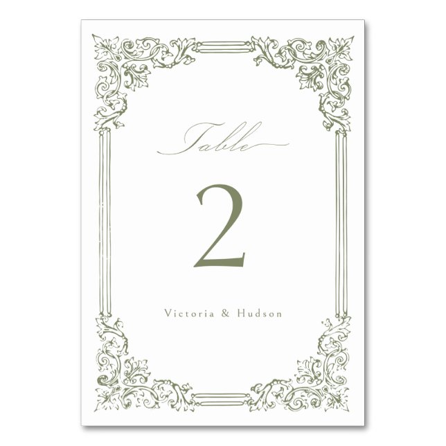 Numeração De Mesa Casamento de Script Elegante de Frame Verde Sage (Frente)