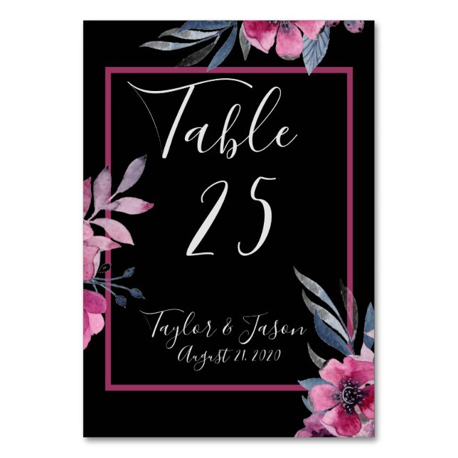 Numeração De Mesa Casamento de Script Floral Romântico Preto e Rosa (Frente)