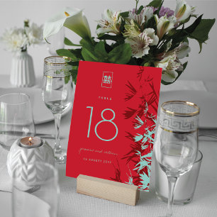 Numeração De Mesa Casamento de Shuang Xi com Folhas de Bambu Vermelh