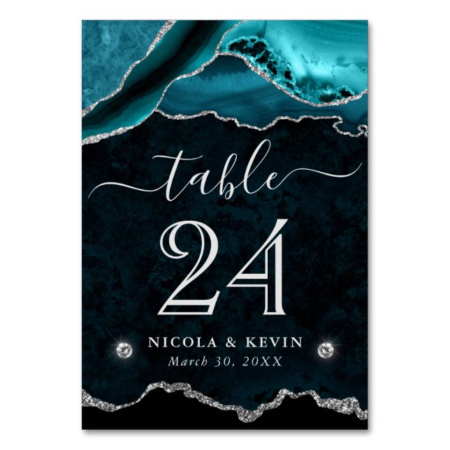 Numeração De Mesa Casamento de Teal e Silver Faux Glitter Agate (Frente)