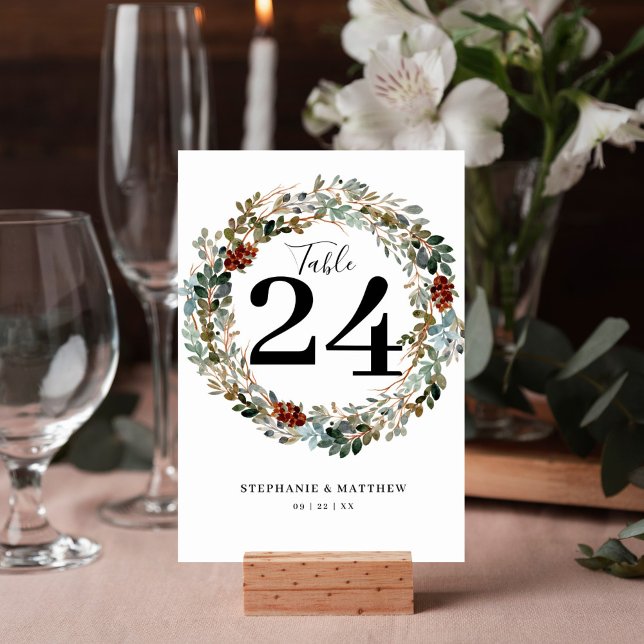 Numeração De Mesa Casamento de Wreath Botânico Moderno (Winter watercolor wreath boho design table number card is perfect for your wedding reception.)