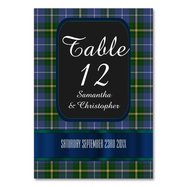 Numeração De Mesa Casamento de xadrez de tartan azul e verde (Frente)
