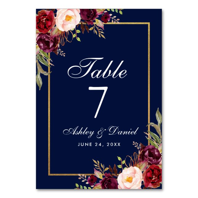 Numeração De Mesa Casamento Dourado Azul-Borgonha Floral (Frente)