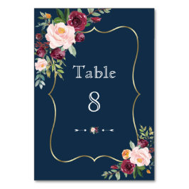 Numeração De Mesa Casamento Dourado Azul com Marinho Floral Burgundy