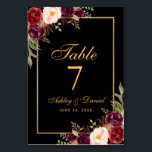 Numeração De Mesa Casamento Dourado de Borgonha Floral Brurgundy<br><div class="desc">Cartão de Mesa Preto e Dourado para Borgonha Floral com Aquarela</div>