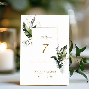Numeração De Mesa Casamento Dourado de Folhagem de Aquarela Tropical