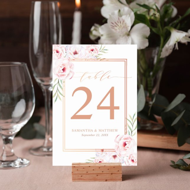 Numeração De Mesa Casamento Dourado de Rosa de Aquarela Floral Rosa  (Elegant pink watercolor floral table number for your reception decor features rose gold frame.)