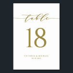 Numeração De Mesa Casamento Dourado de Script Simples e Minimalista<br><div class="desc">Adicione um sotaque branco e ouro elegante ao seu evento com estas placas de números de tabela personalizáveis. Ele apresenta um roteiro de caligrafia simples de ouro mate e tipografia clássica. Personalize adicionando nomes, datas e números de tabela. Esta simples placa de número de tabela de script é perfeita para...</div>