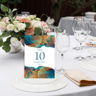 Numeração De Mesa Casamento Dourado de Teal Coral Abstrato místico