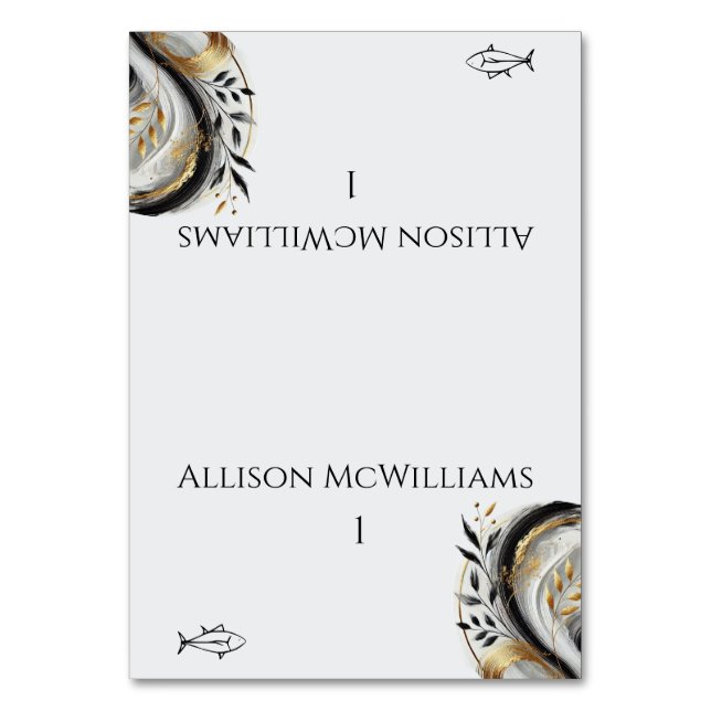 Numeração De Mesa Casamento Dourado e branco preto moderno - Peixe (Frente)