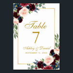 Numeração De Mesa Casamento Dourado Floral Azul Burgundy<br><div class="desc">Cartão de Mesa de Casamento Dourado Azul Floral Burgundy</div>