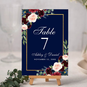 Numeração De Mesa Casamento Dourado floral azul de Borgonha da