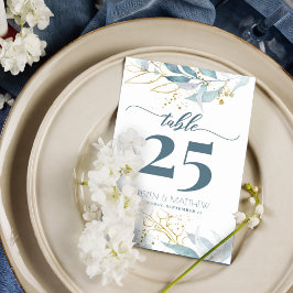 Numeração De Mesa Casamento Dourado Floral Elegante Azul-Dusty
