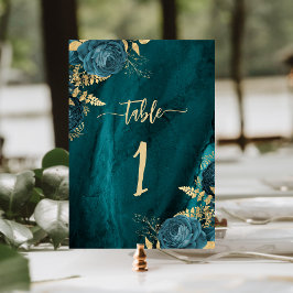 Numeração De Mesa Casamento Dourado Floral Elegante Azul Teal