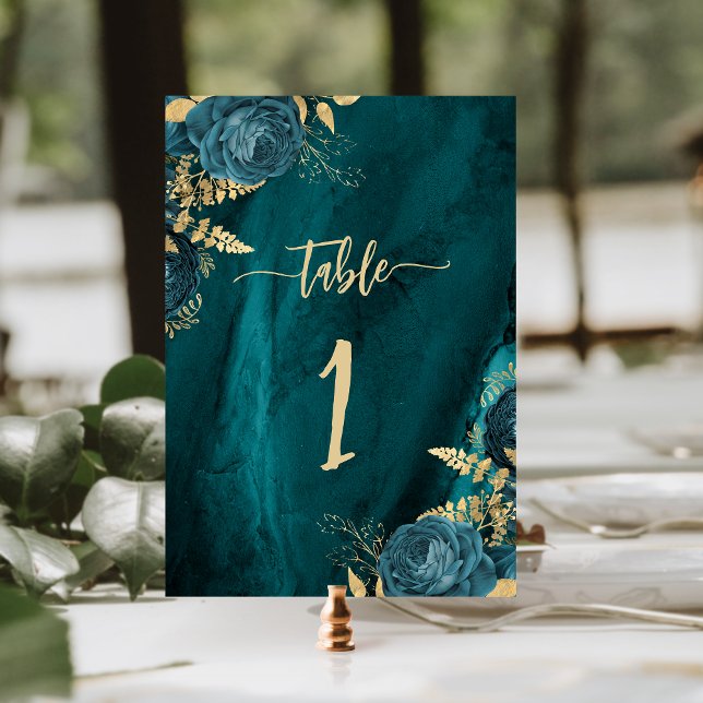 Numeração De Mesa Casamento Dourado Floral Elegante Azul Teal (Criador carregado)