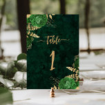 Numeração De Mesa Casamento Dourado Floral Elegante Emerald Green<br><div class="desc">Este elegante cartão de número da mesa de casamento apresenta buquês florais verdes disparados com verde folha de ouro verde em dois cantos, em uma imagem de fundo da emerald green watercolor agate. O texto personalizável apresenta a palavra "mesa" e um número de tabela editável em letra dourada de escrita...</div>