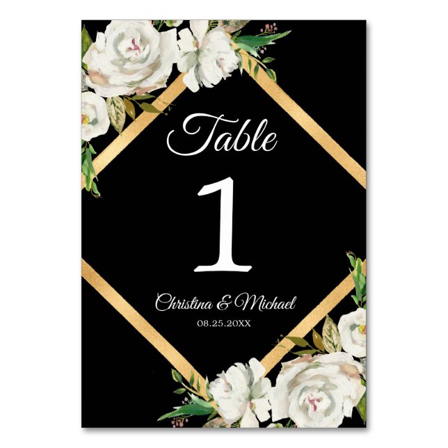 Numeração De Mesa Casamento Dourado Floral Preto-Branco com Aquarela (Frente)