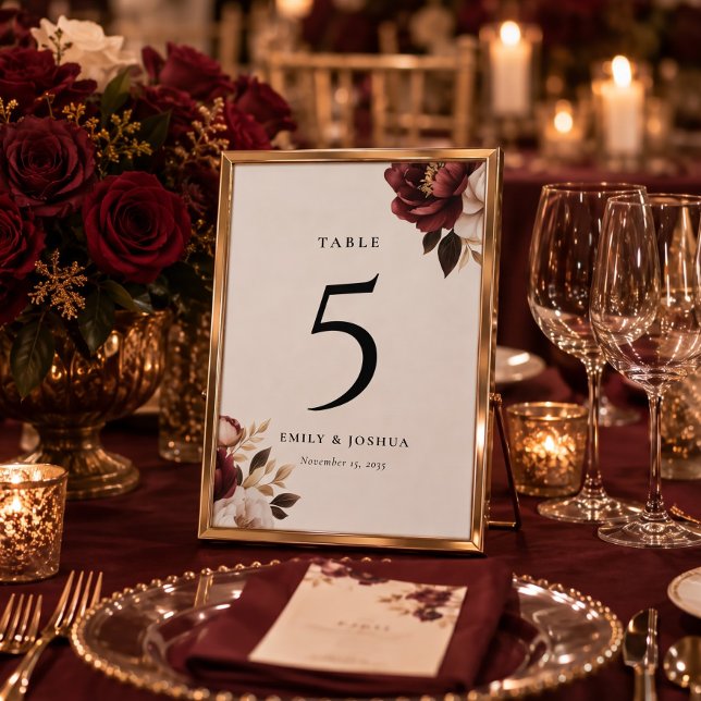 Numeração De Mesa Casamento Elegante Borgonha Dourado (Criador carregado)