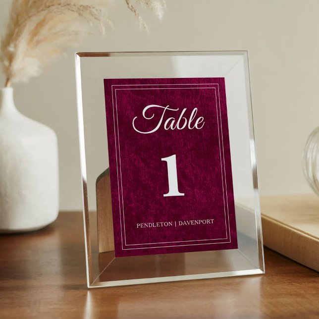 Numeração De Mesa Casamento Elegante Clássico com Tonalidade de Mirt (Burgundy/berry velvet wedding table number, printed on both sides)