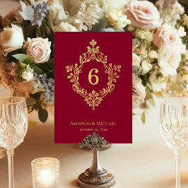 Numeração De Mesa Casamento Elegante de Crest Burgundy Faux Dourado 