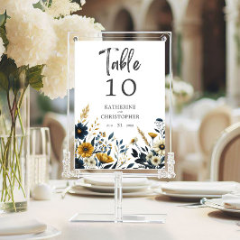 Numeração De Mesa Casamento Elegante de Flores Amarelas Azul