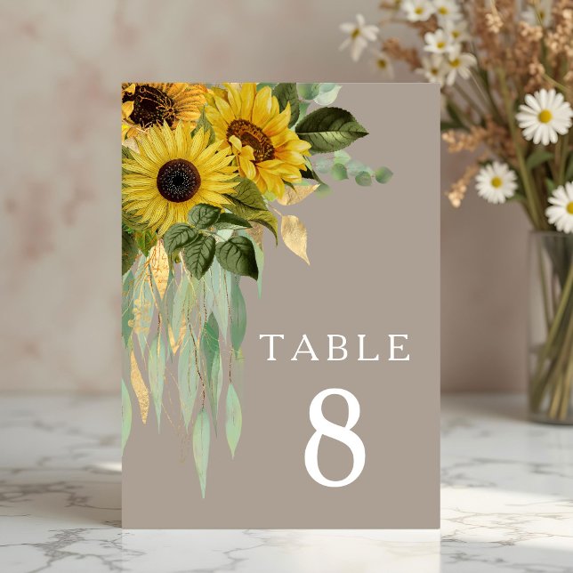Numeração De Mesa Casamento Elegante de Girassol Eucalipto Bege (Elegant Sunflower Eucalyptus Taupe Wedding Table Number)