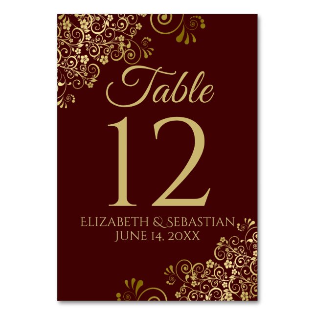 Numeração De Mesa Casamento Elegante Dourado e Auburn Brown (Frente)