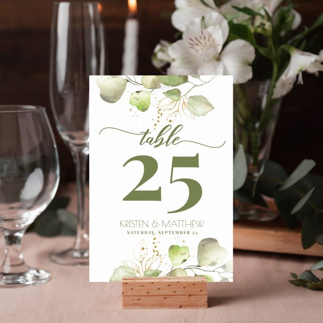 Numeração De Mesa Casamento Elegante Floral Dourado com Moleração de (Greenery watercolor gold foliage design table number card is perfect for your wedding reception.)